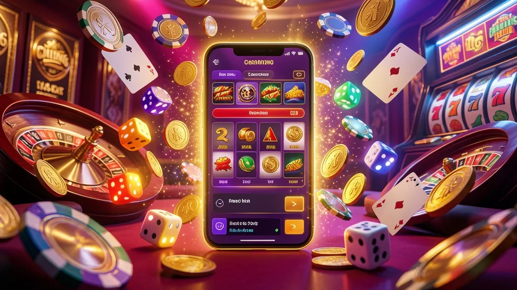 Glowing smartphone surrounded by casino cards, chips, dice, coins, and roulette