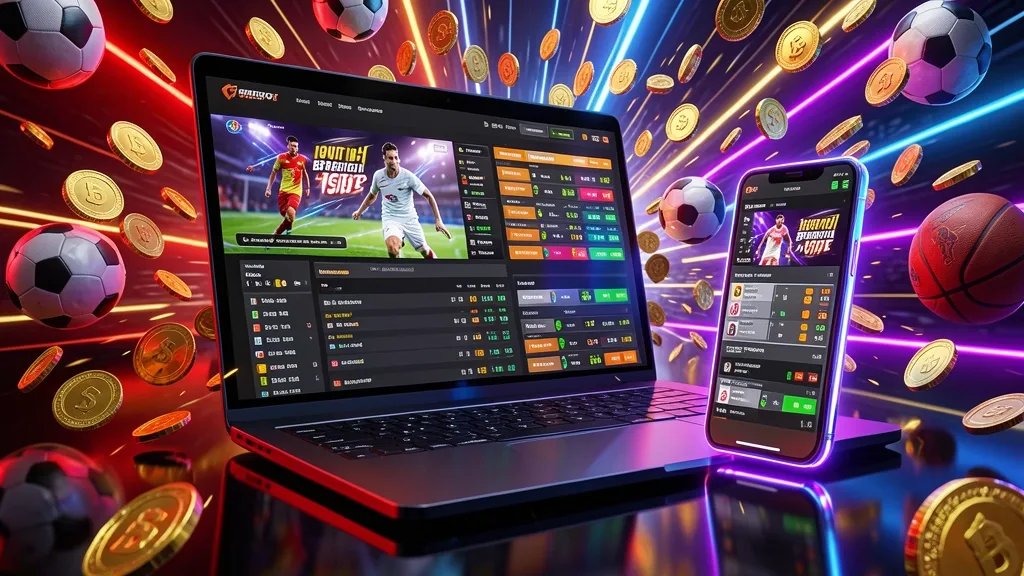 Laptop and smartphone showing sportsbook interfaces with coins and sports elements