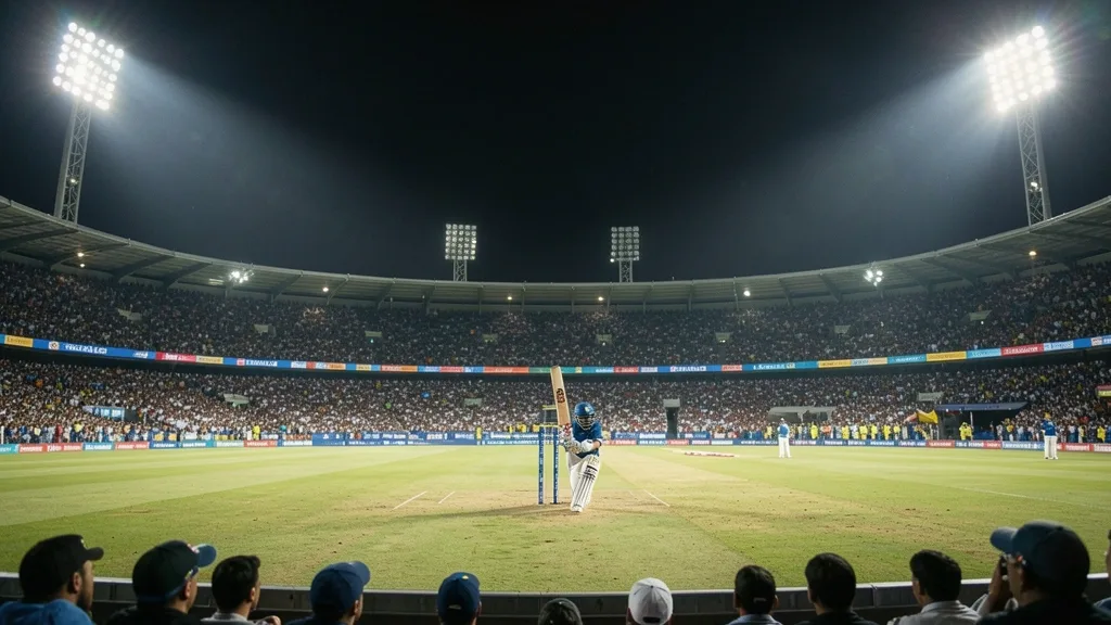 Cricket batsman ready at crease in brightly lit stadium