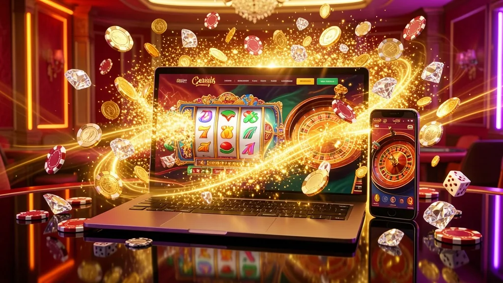 Laptop and smartphone showing slots and roulette with coins exploding