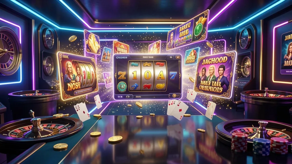 Digital casino lobby featuring floating game tiles, reels, cards, and coins