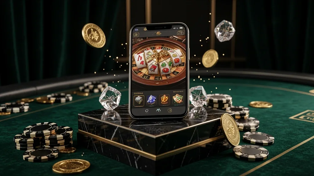 Luxury smartphone displaying mobile casino games on black marble pedestal