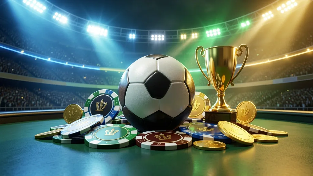 Football surrounded by betting chips, trophy, and golden coins in stadium