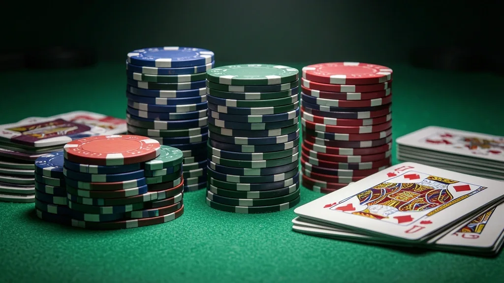 Casino chips and playing cards arranged on green felt