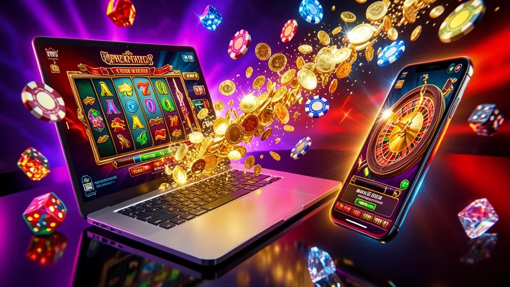 Laptop and smartphone displaying casino games amid flying golden coins