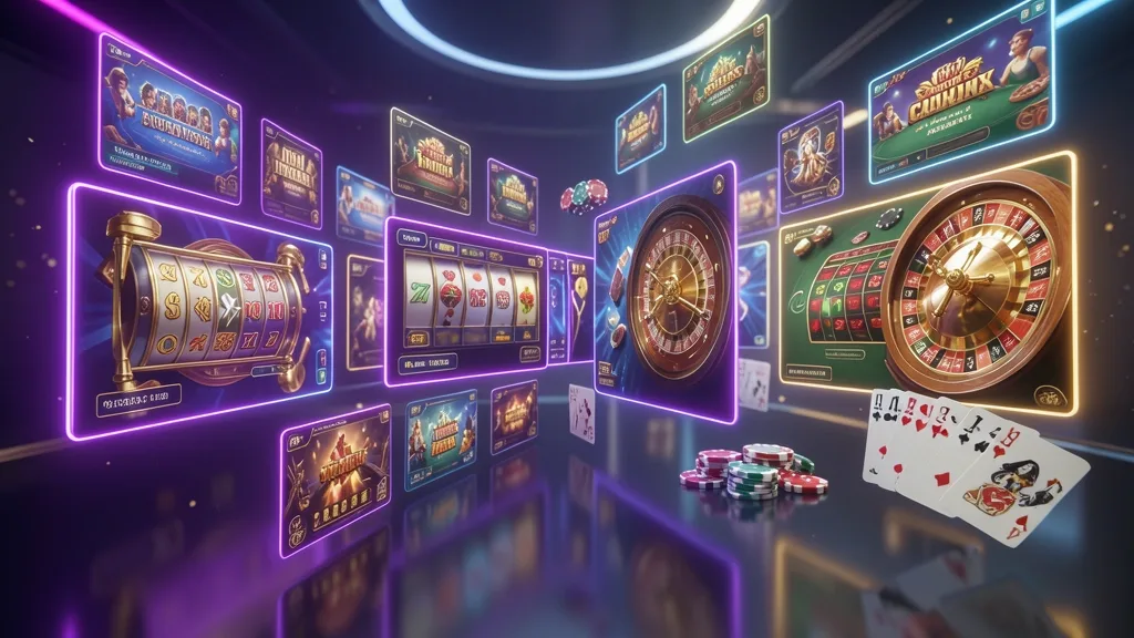 Floating online casino game windows with slots, roulette, cards, and chips