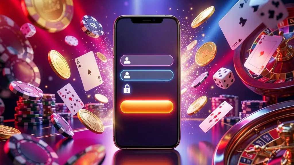 Smartphone displaying casino login interface surrounded by chips, cards, dice, and coins