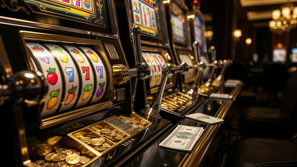 Luxury black and gold slot machines with coins and fruit reels