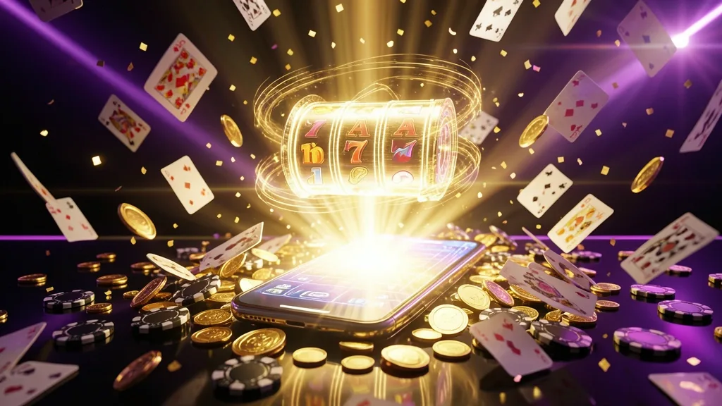 Glowing smartphone surrounded by coins, chips, cards, and jackpot light