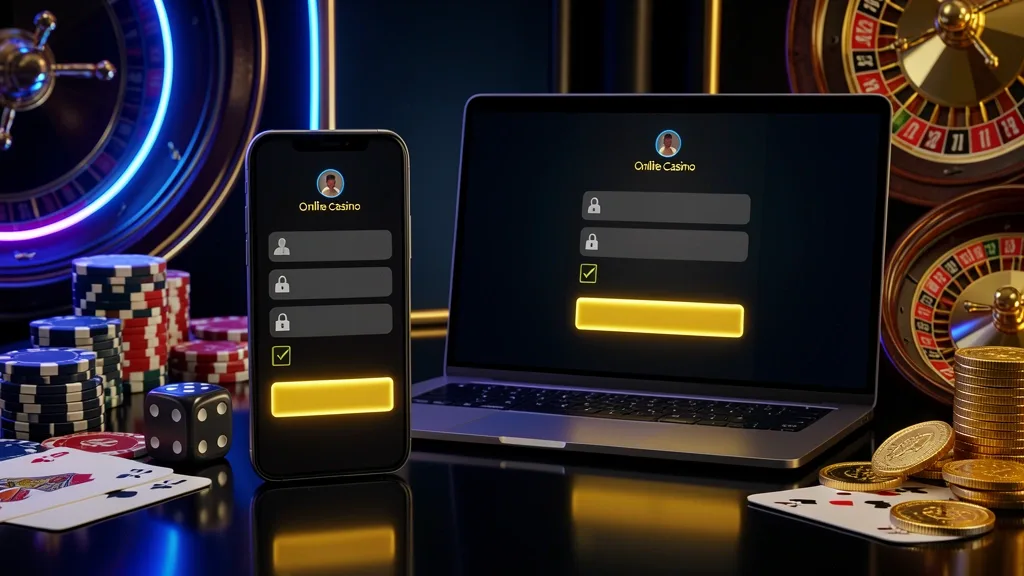 Smartphone and laptop displaying casino login screens with chips, cards, dice, and coins