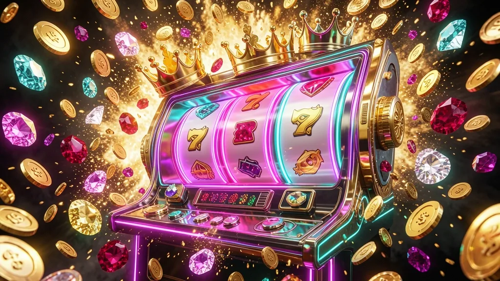 Futuristic slot machine surrounded by coins, gems, crowns, and neon lights